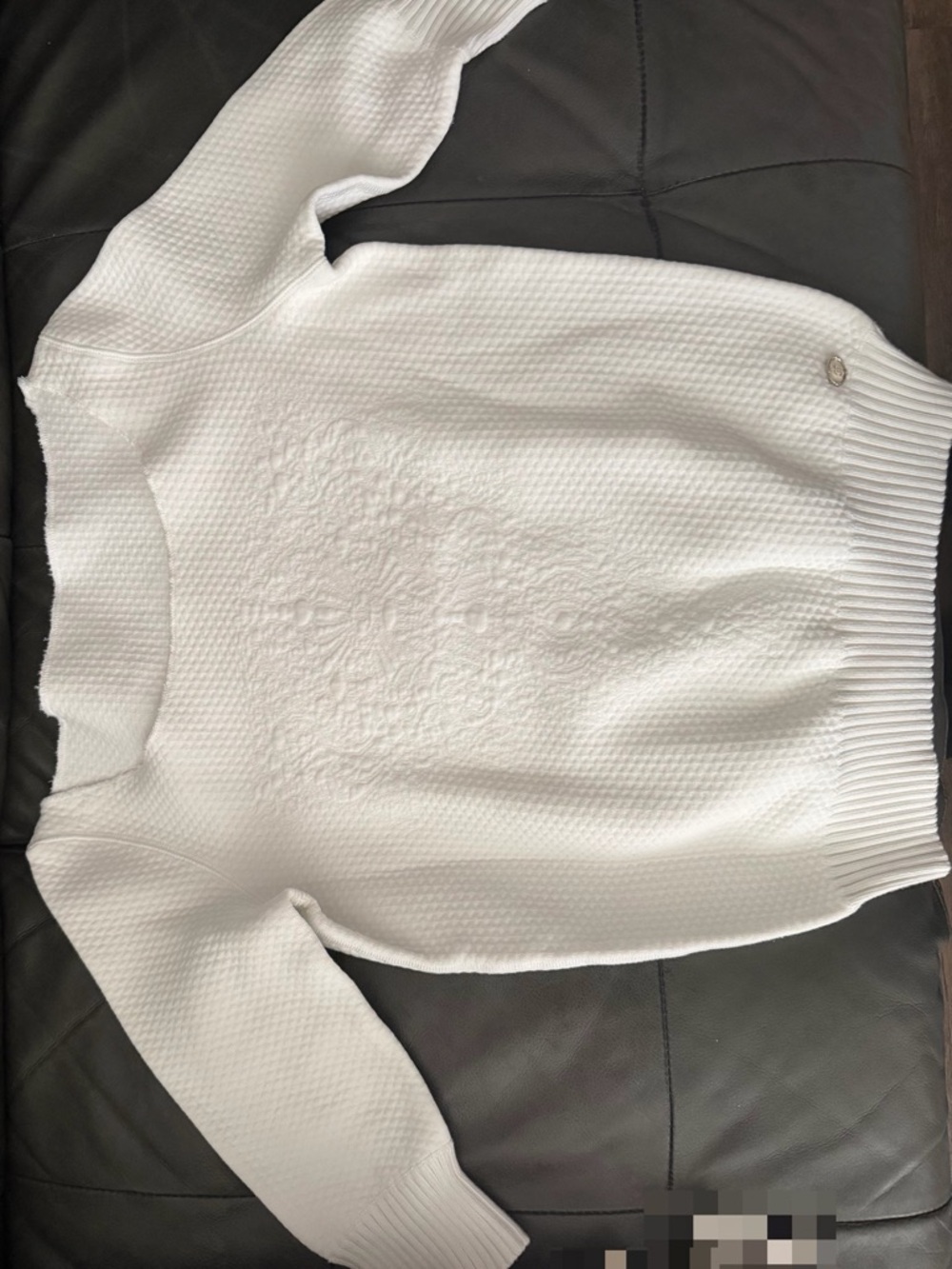 CHANEL White Textured Crew Neck Sweater with Signature Detail